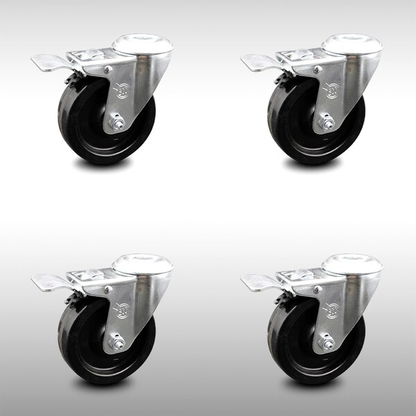 4 Inch SS Phenolic Wheel Swivel Bolt Hole Caster Set with Total Lock Brake SCC